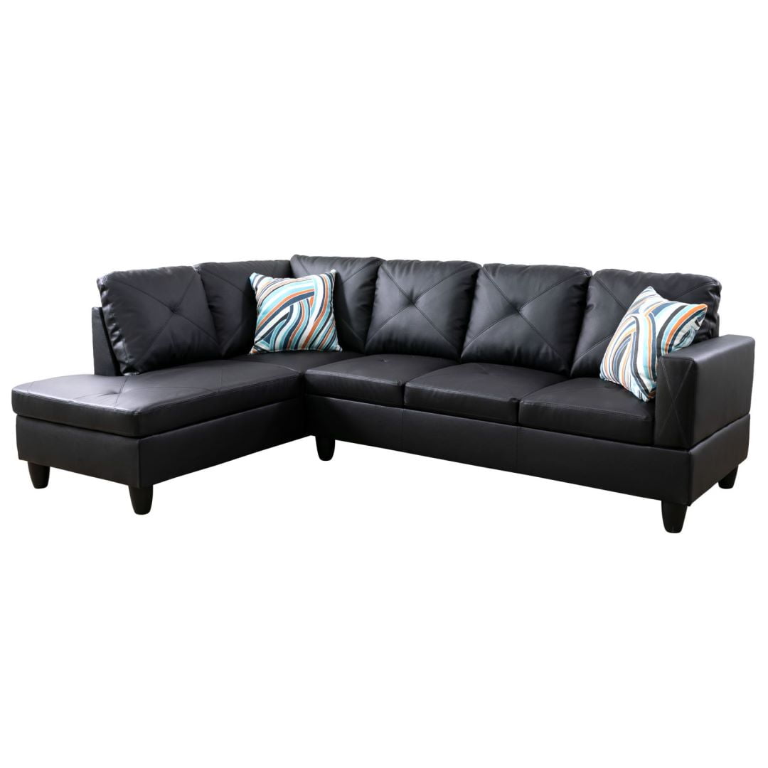 Hommoo Faux Leather 4-Seat Couch Living Room Sofa Set, L Shaped Couch Sofa Set, Chaise Lounge Sectional Sofa for Home, Apartment, Dorm, Black(Without Ottoman)