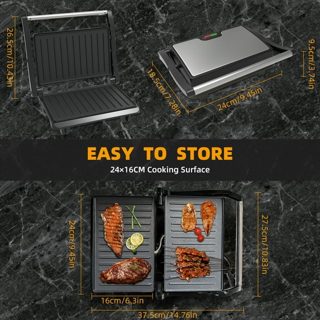Kailwokk Panini Press Grill,Non-Stick Coated Plates Sandwich Maker,2 Slice Stainless Steel Electric Indoor Grill Opens 180° to Fit Any Thickness Sandwich,Burgers,Steak