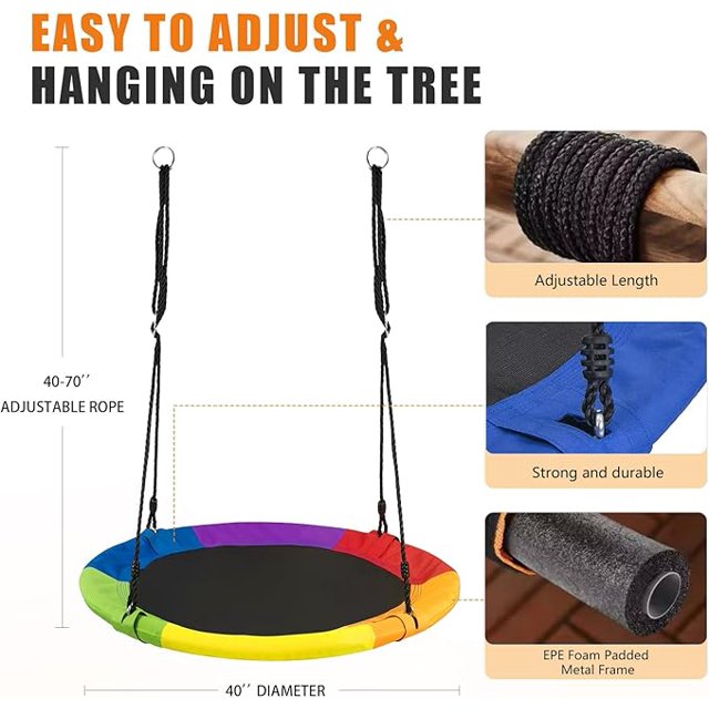 Tree Swing for Kids Outdoor,Disc Round Swing with Waterproof Textilene Fabric,500Lb Weight Capacity,Kids Playground Outdoor Activity Backyard Fun (Multicolor)