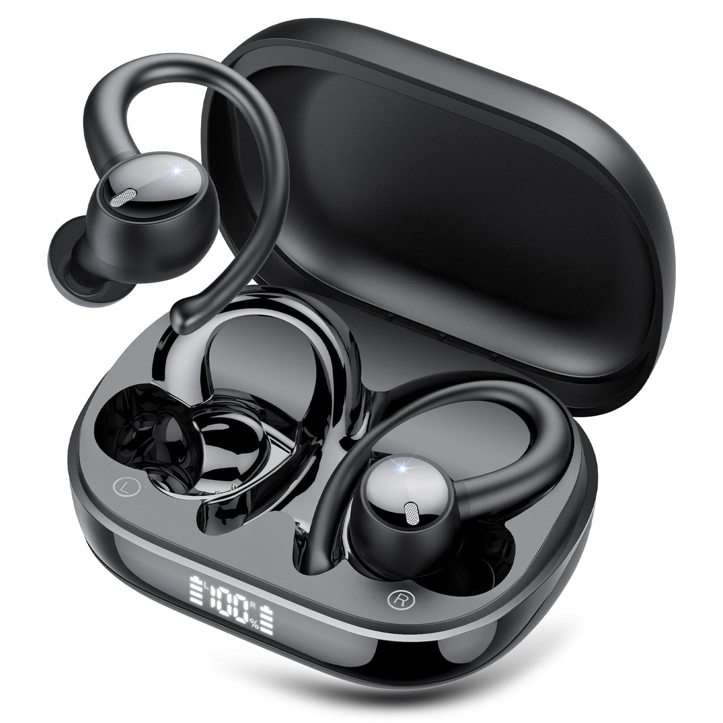 Bluetooth Headphones 5.4, 60Hrs Playtime Wireless Earbuds, Bass Boost 85%, Over-Ear Headphones Built-in 4 ENC Mics, IPX7 Waterproof Ear Buds with Earhook for Exercise Running Sports Black