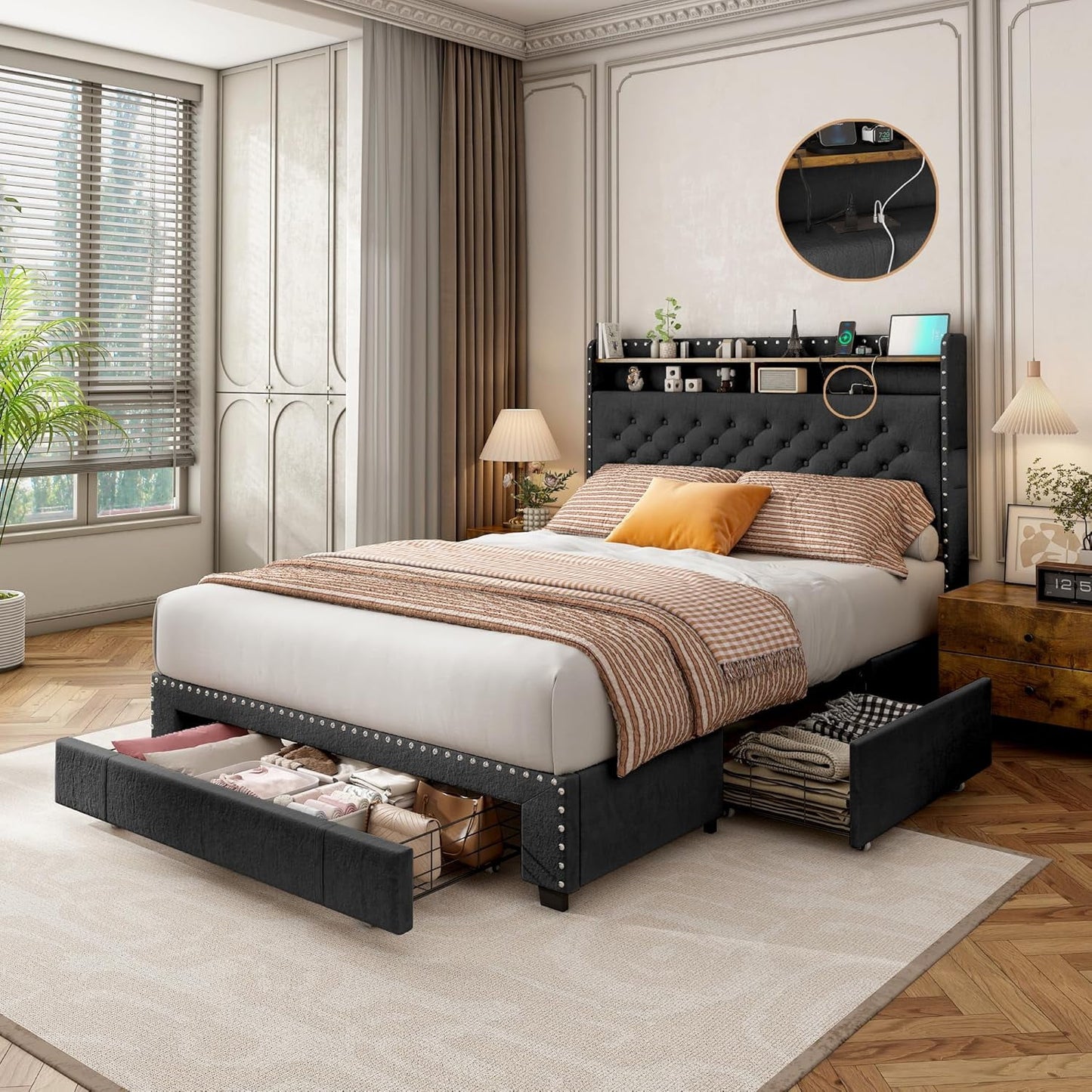 Linor Full-Size Upholstered Platform Bed Frame with 2-Tier Storage Headboard, 3 Drawers, USB Port, LED Lights, Black