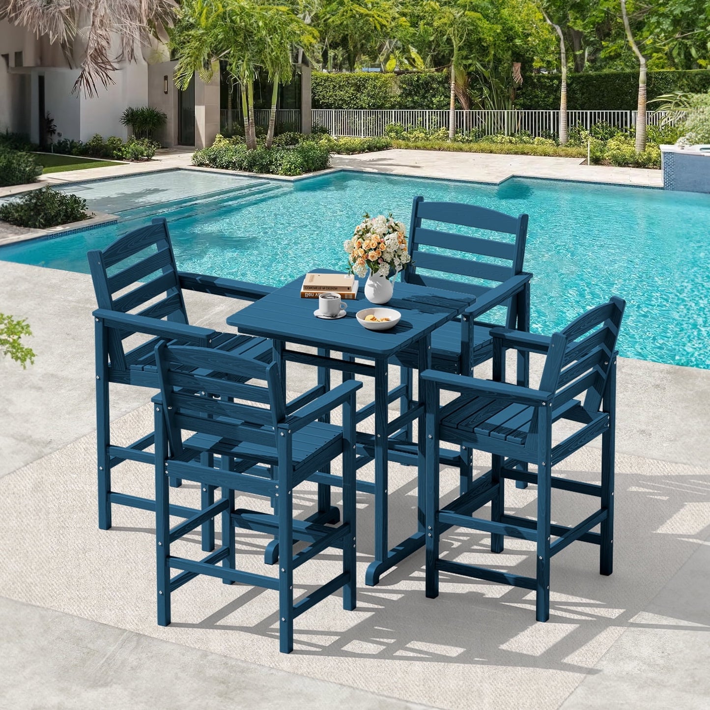 JUSTLET 5-Piece HDPE Outdoor Bar Table and Chairs Set, Oversize Adirondack Tall Chairs,Dark Blue