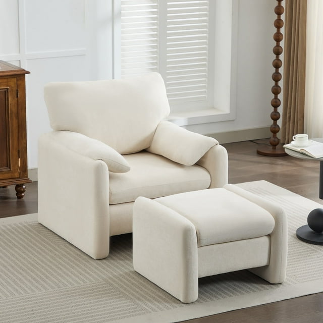 JUSTLET Chenille Accent Chair with Ottoman Set,Upholstered Armchair Comfy Sofa Chair for Living Room,Beige