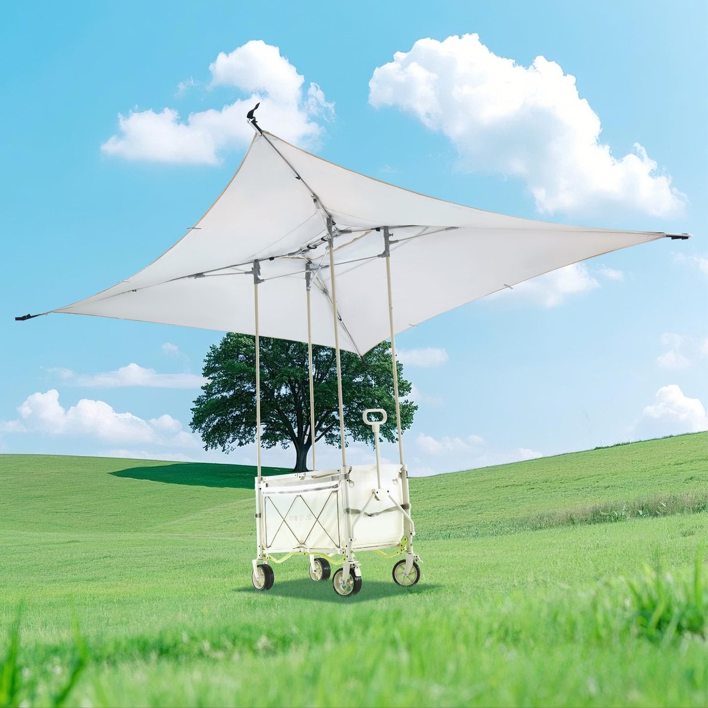 JUSTLET Collapsible Wagon Cart with Canopy and Bamboo Tabletop - Portable Utility Garden Cart for Camping and Outdoor Activities,Creamy White