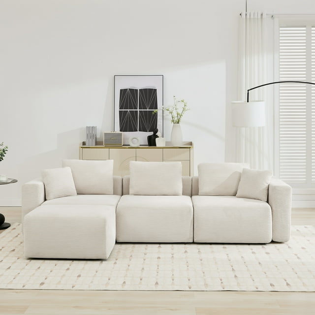 JUSTLET Modern L-Shaped Sofa with Wide Arms and Ottoman, Plush Corduroy 3-Seater Couch, Modular Living Room Furniture Set, Beige