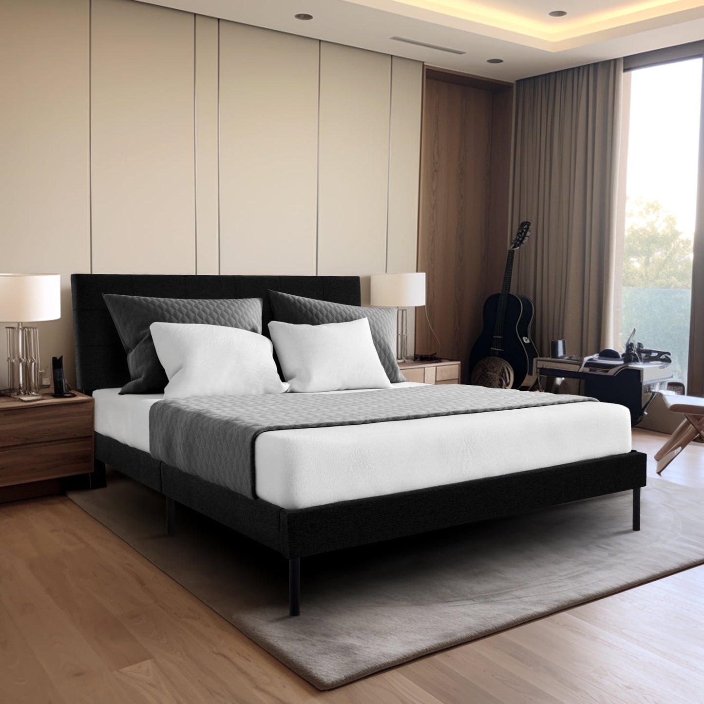 JUSTLET Queen Bed Frame, Upholstered Platform Bed Frame with Headboard for Kids Teens Adults, No Box Spring Needed, Black