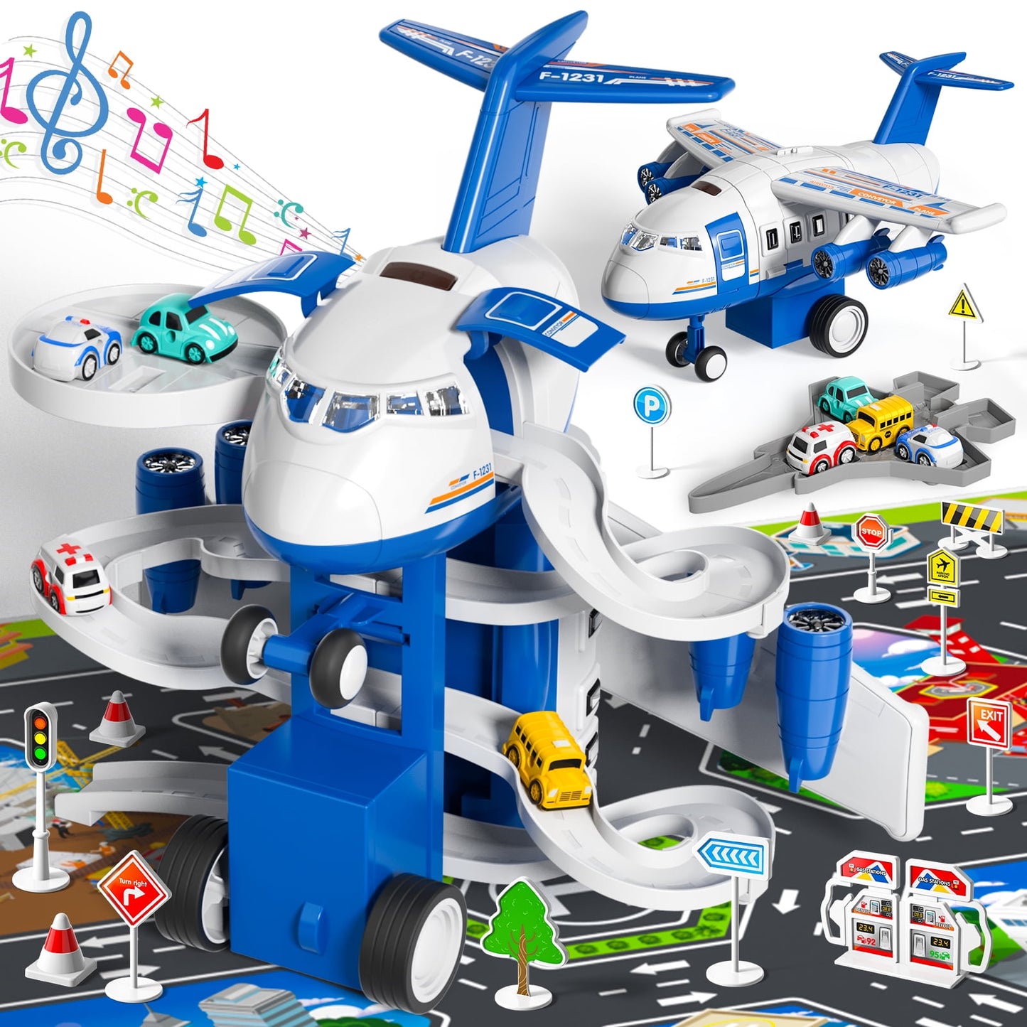 Lucky Doug Airplane with Vehicle Track & 4 Cars, Spray Aeroplane Toys with Light & Sound for Toddlers 1-3-6