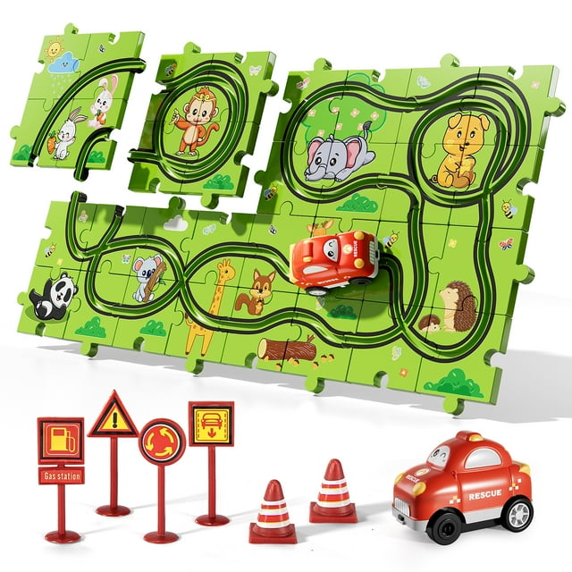 Lucky Doug Toddler Toys Gifts for 2 3 4 5 Year Old Boys Girls, 39 Jigsaw Puzzle Race Track Car Set Toys for Toddlers 1-3-6