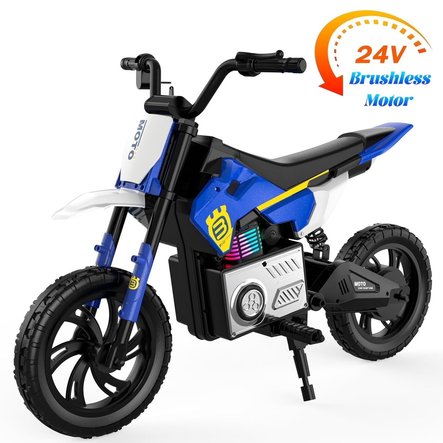 Skyhot 24V Electric Dirt Bike for Kids, 15 MPH Electric Motorcycle Beginners Friendly, Power Display, Brushless Electric Machine, Rear Spring Suspension, 2-Speed Modes for Kids Ages 3-8, Blue