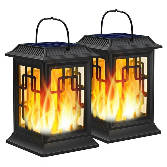Solar Lanterns Outdoor, Waterproof Hanging Solar Lanterns, Garden Lanterns Solar Powered Flame Lights LED Lanterns Lights for Patio Pathway Deck Yard (2 Pack)