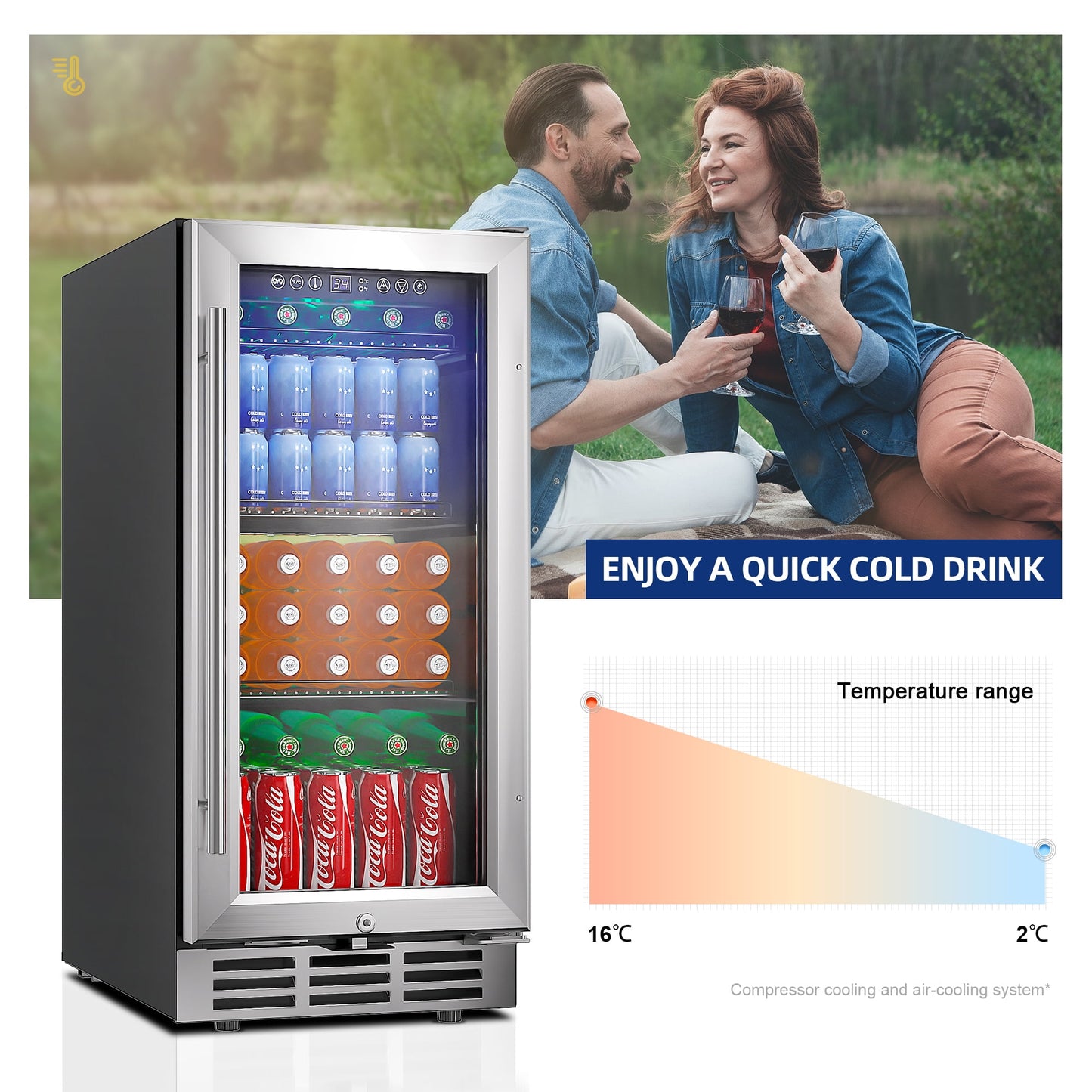 Simzlife 15'' Beverage Refrigerator Cooler, 100 Cans Beverage Fridge with Glass Door, Built-in or Freestanding, 24.3 in W, 33.7 in H