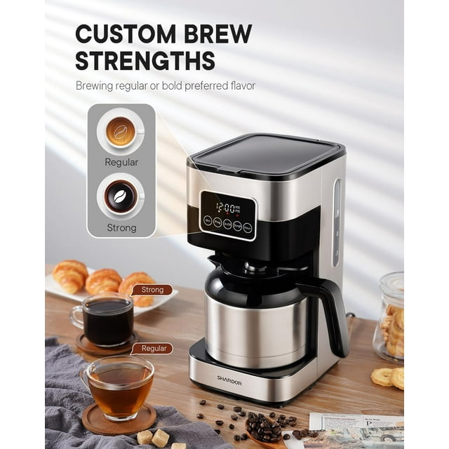 Programmable Coffee Maker with Thermal Carafe, Drip Coffee Machine with Timer, 8-Cup Coffee Pot with Pause & Serve, Regular & Strong Brew, Auto Shut Off, Touch-Screen, Black & Stainless Steel