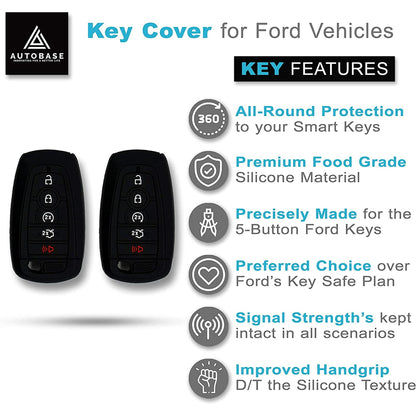 Autobase Silicone Key Fob Cover Compatible with Ford Fusion F250 F350 F450 F550 Edge Explorer Mustang Expedition Bronco F-150 Raptor | Car Accessory | Key Protection Case 2 Pcs (Black)
