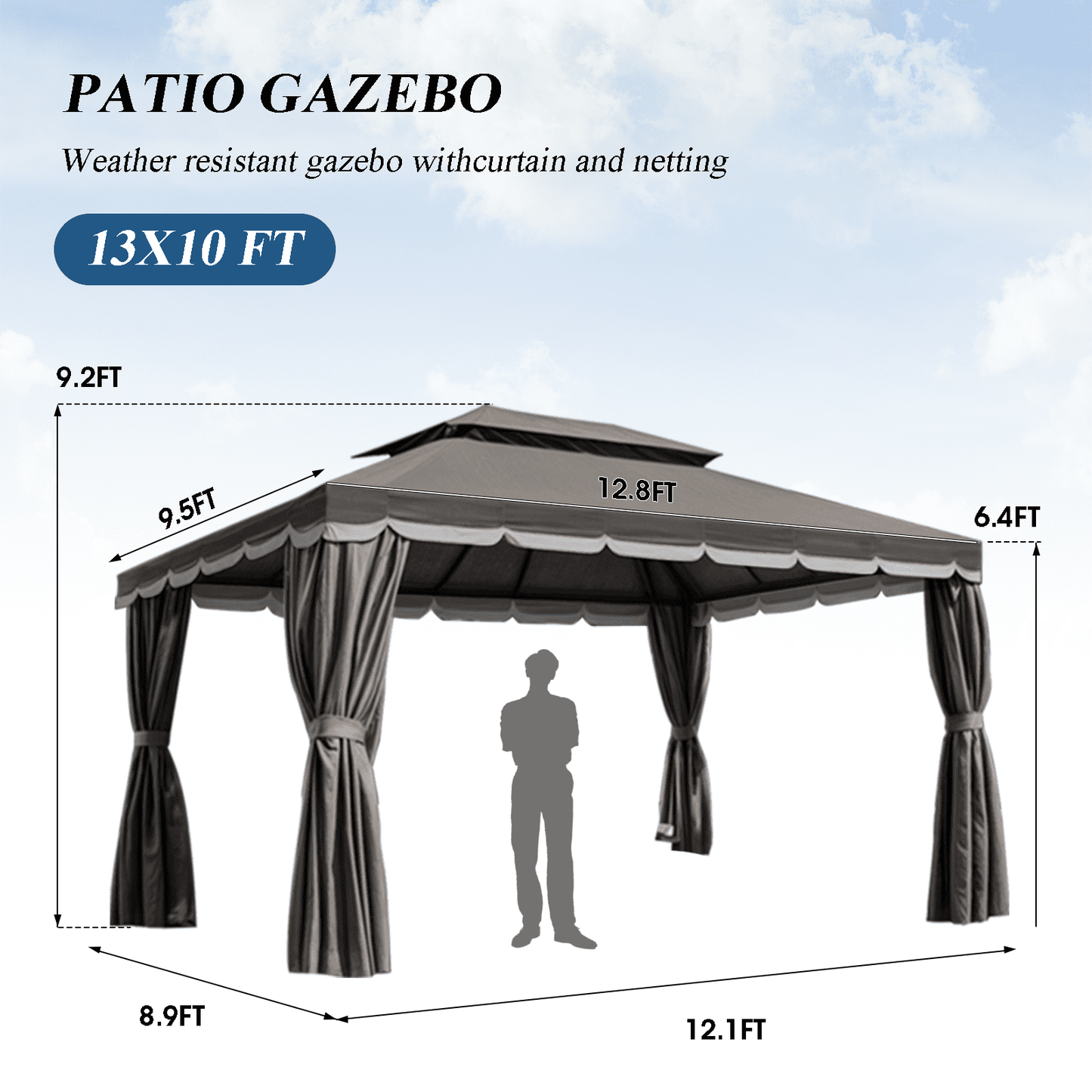Grezone 10×13 FT Deluxe No Screws\ Gazebo,Double Roof Outdoor Shelter Tent with Mosquito Nettings and Privacy Screens