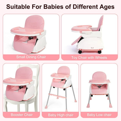 Vipuse Baby High Chair,5-in-1 Convertible Highchair for Babies and Toddlers with 3-Point Seat Belt,Double-layer Dinner Plate,Baby Seat for Walk,Pink