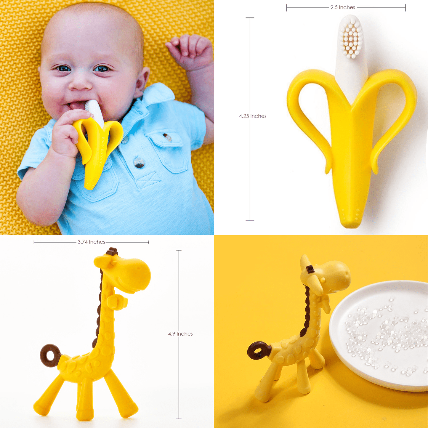 BabyGoods Teething Mitten Infant Glove with Banana Brush and Giraffe Teether, Pink, 3 Count