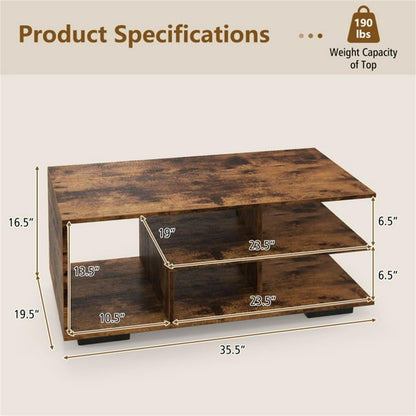 Finihen 3-Piece Industrial Coffee Table Set, Rectangular Coffee Table with L-shaped Middle Shelf & 2 Modern Nightstands with 2 Flip Drawers and Open Shelf, for Living Room, Brown