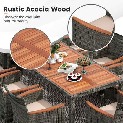 Resenkos 9 Piece Patio Rattan Wicker Dining Furniture Set for 6 People, Sectional Conversation Set with Acacia Wood Beige
