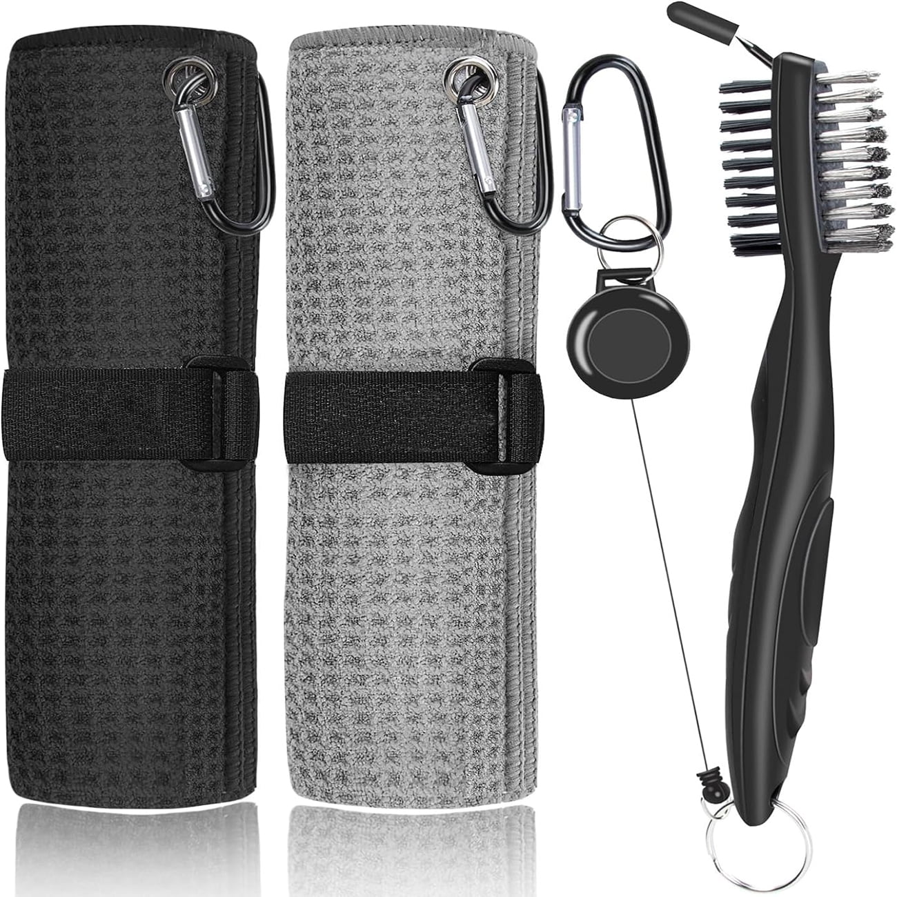 2 Pack Golf Towel (16" X 16") with Golf Club Brush, Genreen Microfiber Waffle Pattern Golf Towels for Golf Bags for Men,Essential Golf Combo Cleaning Kit (Black+Gray)