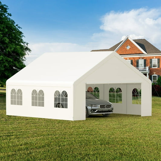 20' x 20' Heavy Duty Carport with Roll-up Visual Windows, Reinforced Party Tent with Removable Sidewalls & Doors for Parties, Wedding, Outdoor Events, Car Canopy with All-Season Tarp, White
