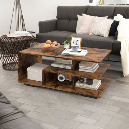 Finihen 3-Piece Industrial Coffee Table Set, Rectangular Coffee Table with L-shaped Middle Shelf & 2 Modern Nightstands with 2 Flip Drawers and Open Shelf, for Living Room, Brown