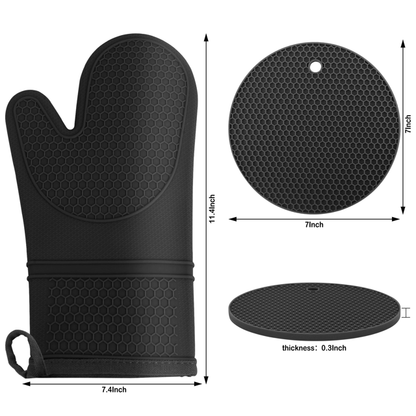 SUGARDAY Silicone Oven Mitts and Pot Holder Sets Hot Pads for Kitchen Oven Gloves Heat Resistant, Pack of 4(Black)