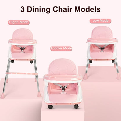 Vipuse Baby High Chair,5-in-1 Convertible Highchair for Babies and Toddlers with 3-Point Seat Belt,Double-layer Dinner Plate,Baby Seat for Walk,Pink