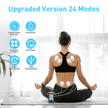 Four Channel TENS Unit Muscle Stimulator - 24 Modes EMS Massage Machine with 20 Intensities for Shoulder Back, Rechargeable Electronic Pulse Massager with 16 TENS Pads