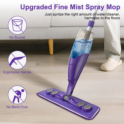 SUGARDAY Spray Mop for Floor Cleaning Wet Mop with Refillable Bottle and 3 Washable Microfiber Pads Home Commercial Use, Purple