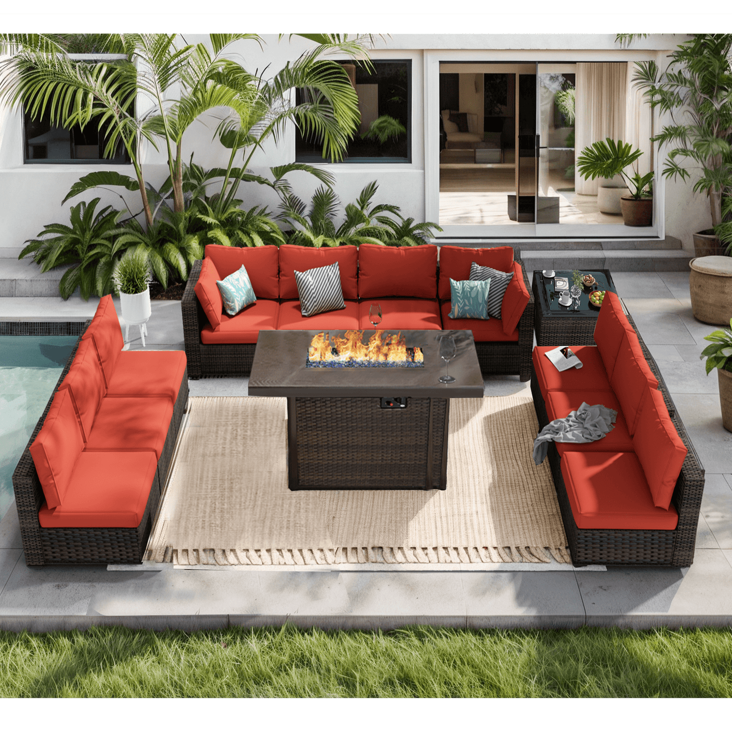 Grezone Outdoor Garden 12 Piece Patio Furniture with 43" 55000BTU Gas Propane Fire Pit Table Rattan Wicker Sectional Set, Red
