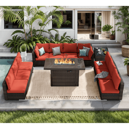 Grezone Outdoor Garden 12 Piece Patio Furniture with 43" 55000BTU Gas Propane Fire Pit Table Rattan Wicker Sectional Set, Red