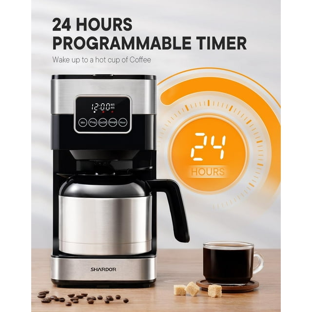 Programmable Coffee Maker with Thermal Carafe, Drip Coffee Machine with Timer, 8-Cup Coffee Pot with Pause & Serve, Regular & Strong Brew, Auto Shut Off, Touch-Screen, Black & Stainless Steel