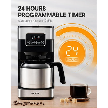 Programmable Coffee Maker with Thermal Carafe, Drip Coffee Machine with Timer, 8-Cup Coffee Pot with Pause & Serve, Regular & Strong Brew, Auto Shut Off, Touch-Screen, Black & Stainless Steel