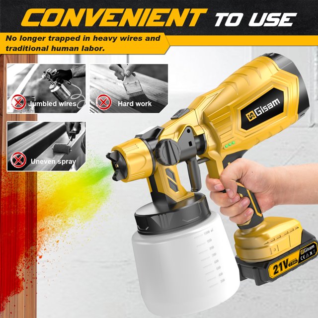 Gisam Brushless Paint Sprayer with 2 Batteries Cordless Spray Paint Gun, Electric HVLP Painting Tool for Furniture Cabinets Fence House Painting