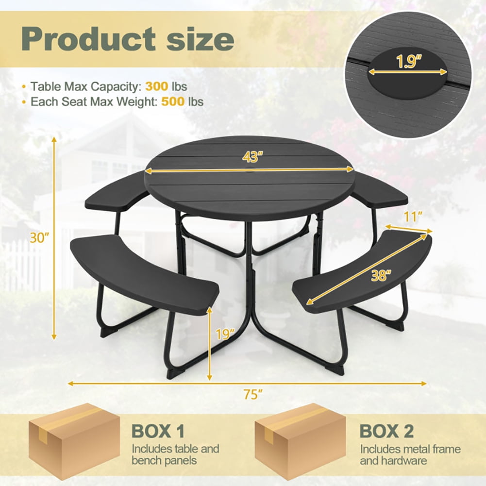 Resenkos 8-Person Outdoor Picnic Table and Bench Set with Umbrella Hole-Black for Patio Back Deck, Balcany, Poolside