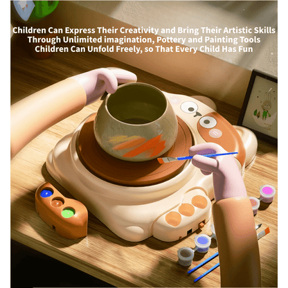 Tiny Pottery Wheel,Pottery Machine,Pottery Kit for Kids with 3 Clays,Cat Pottery Machine with Adjustable Speed,Air Dry Sculpting Clay and Craft Paint Toy Kit
