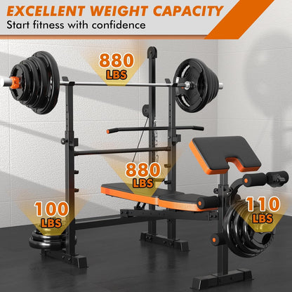 Bench Press Set, 880LBS Adjustable Weight Bench with Leg Extension and Preacher Curl Pad, 8 IN 1 Multi-Function Gym Bench with LAT Pulldown Pulley System, Full-Body Workout Home Gym Equipment