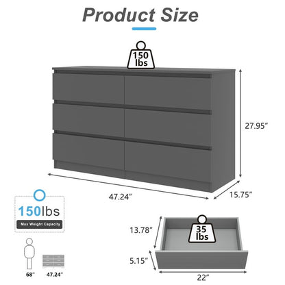 Canddidliike Storage Dresser Furniture Unit, 6 Drawer Tall Standing Organizer for Bedroom, Closet - Grey