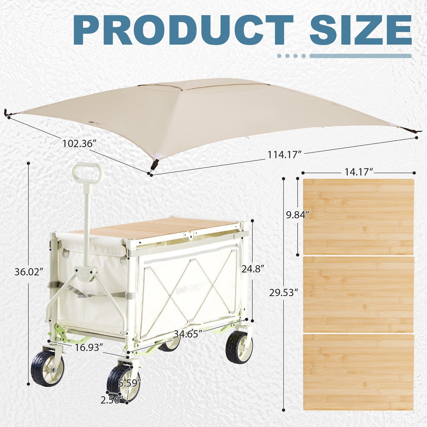 JUSTLET Collapsible Wagon Cart with Canopy and Bamboo Tabletop - Portable Utility Garden Cart for Camping and Outdoor Activities，Creamy White
