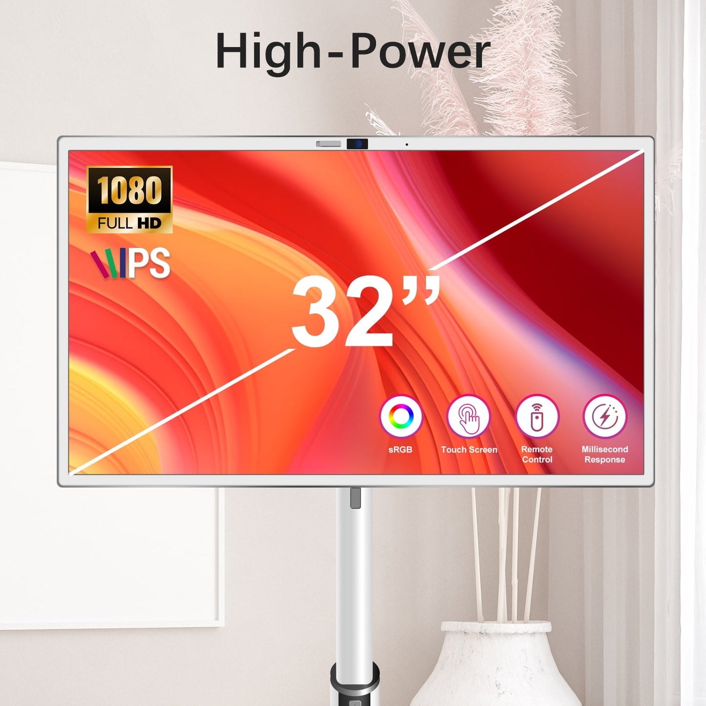 SANPTENT 32 inch Portable TV Touch Screen Monitor on Wheels, 1080P Rolling Smart TV, 8GB RAM + 128GB Storage, Android OS 13, Built-in Battery, Remote Control, Rotation for Home, Outdoors