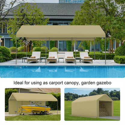 Grezjxc 10 x 20ft Steel Carport Heavy Duty Awning Car Canopy Tent with Side Walls for outdoor Truck Boat Car Port Party Storage(Beige)