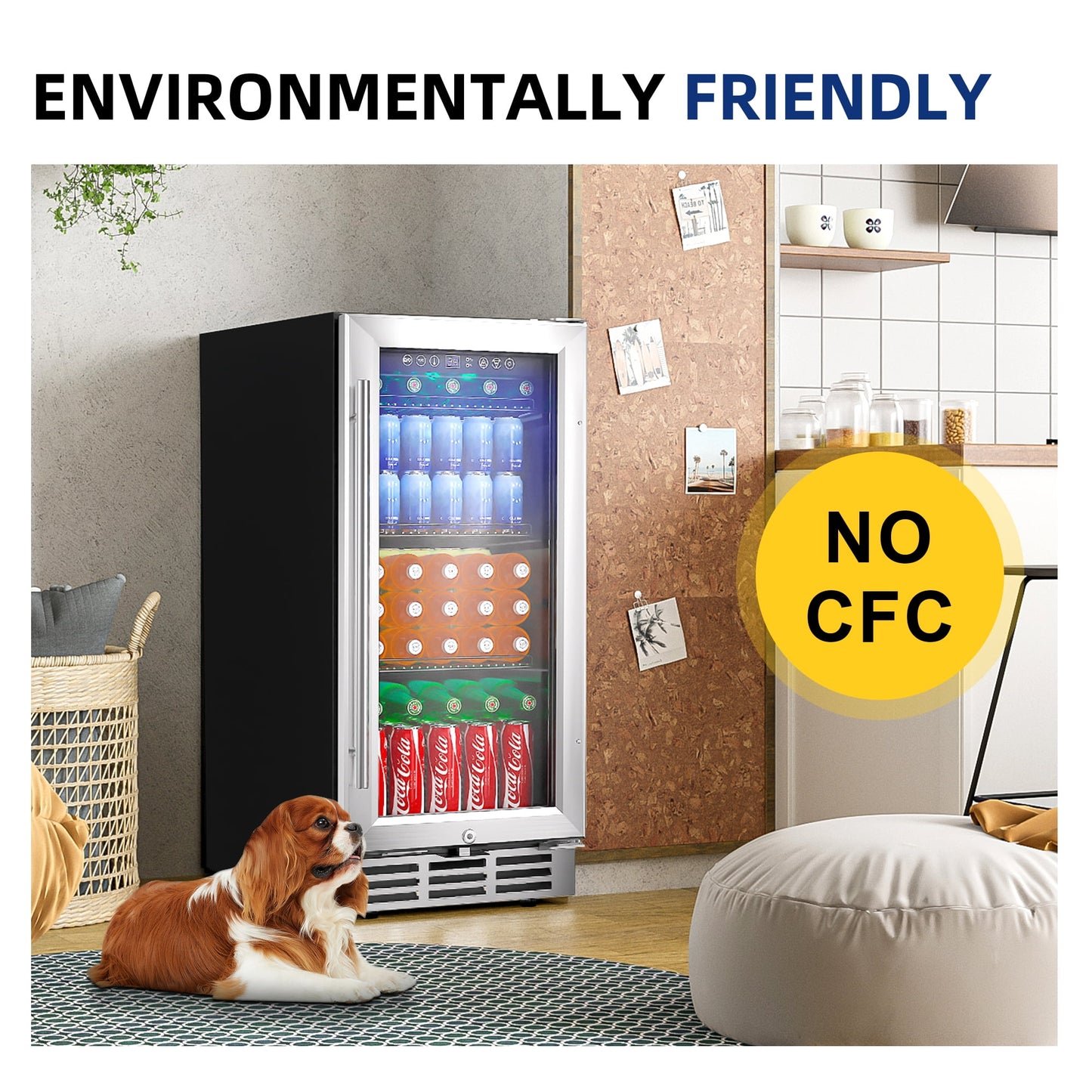 Simzlife 15'' Beverage Refrigerator Cooler, 100 Cans Beverage Fridge with Glass Door, Built-in or Freestanding, 24.3 in W, 33.7 in H