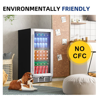 Simzlife 15'' Beverage Refrigerator Cooler, 100 Cans Beverage Fridge with Glass Door, Built-in or Freestanding, 24.3 in W, 33.7 in H