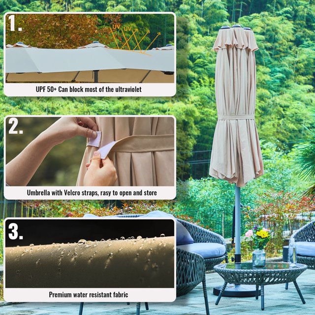 Serwall Outdoor 15' Rectangular Double-Sided Extra Large Patio Umbrella, Beige