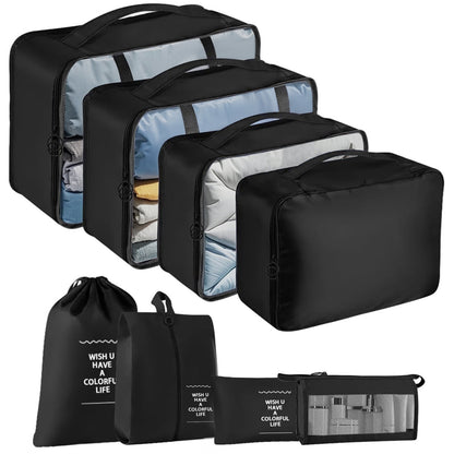 8PCS Packing Cubes for Travel, Luggage Organizer Bags for Family, Compression Pouches Clothes Suitcase, Storage Bags for Travel Accessories, Black