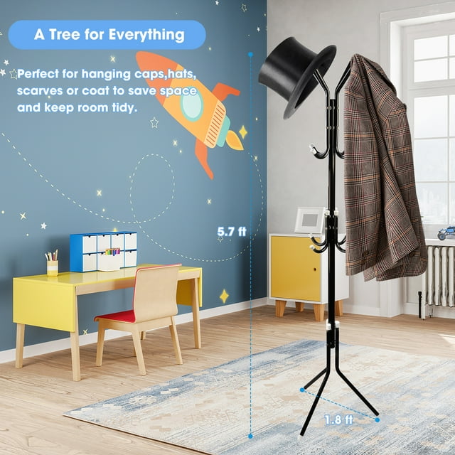 VIIWII Metal Coat Rack Stand Coat Trees Free Standing with Weighted Bottom 12 Hook Hat Hanger Black