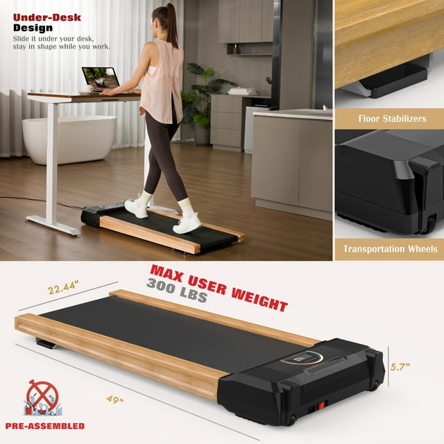FLIMDER Walking Pad, High Grade Wood Under Desk Treadmill 300LBS Capacity, Max 3.5 HP Electric Treadmill for Home Office Installation-Free with Remote Control LED Display ，Sound Quality Speaker