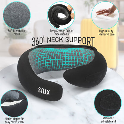 Snux Travel Neck Pillow with Hood - 360 Neck Support - Memory Foam - Hooded Travel Pillow (Black)