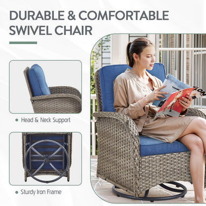 PARKWELL Outdoor Swivel Glider Chair Set of 4, Patio High Back Swivel Rocker Lounge Arm Chair for Balcony Yard,Gray Wicker Deep Seat Furniture with Navy Cushion