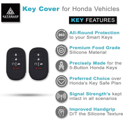 Autobase Silicone Key Fob Cover for 2022 2023 2024 2025 Honda Civic Accord HR-V CR-V Pilot Sport SI EX EX-L Touring | Car Accessory | Key Protection Case - 2 Pcs (Black)